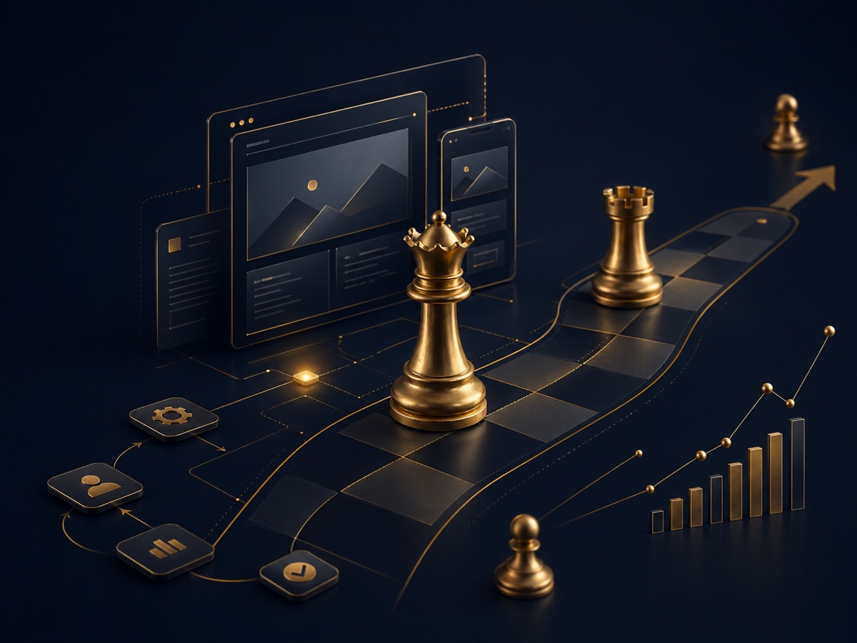 Tabuleiro estratégico com peças douradas, telas digitais e crescimento